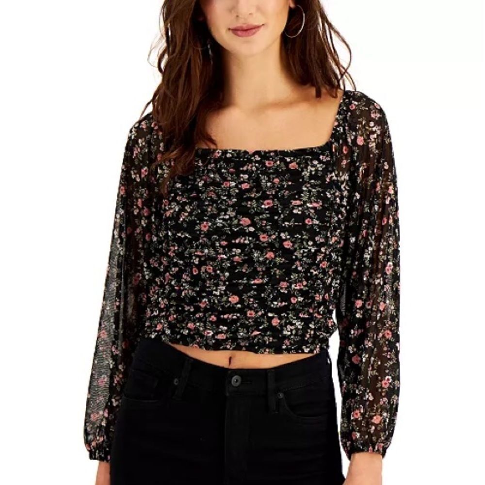 CRAVE FAME Juniors' Printed Ruched Peasant Blouse, long sleeve shirt size XS